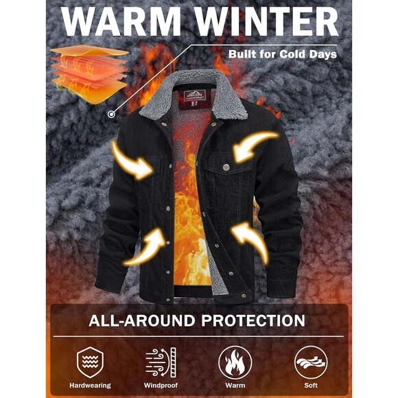 Mens Black Corduroy Jacket Sherpa Lined Warm Winter Trucker Cargo Coat - Picture 2 of 7